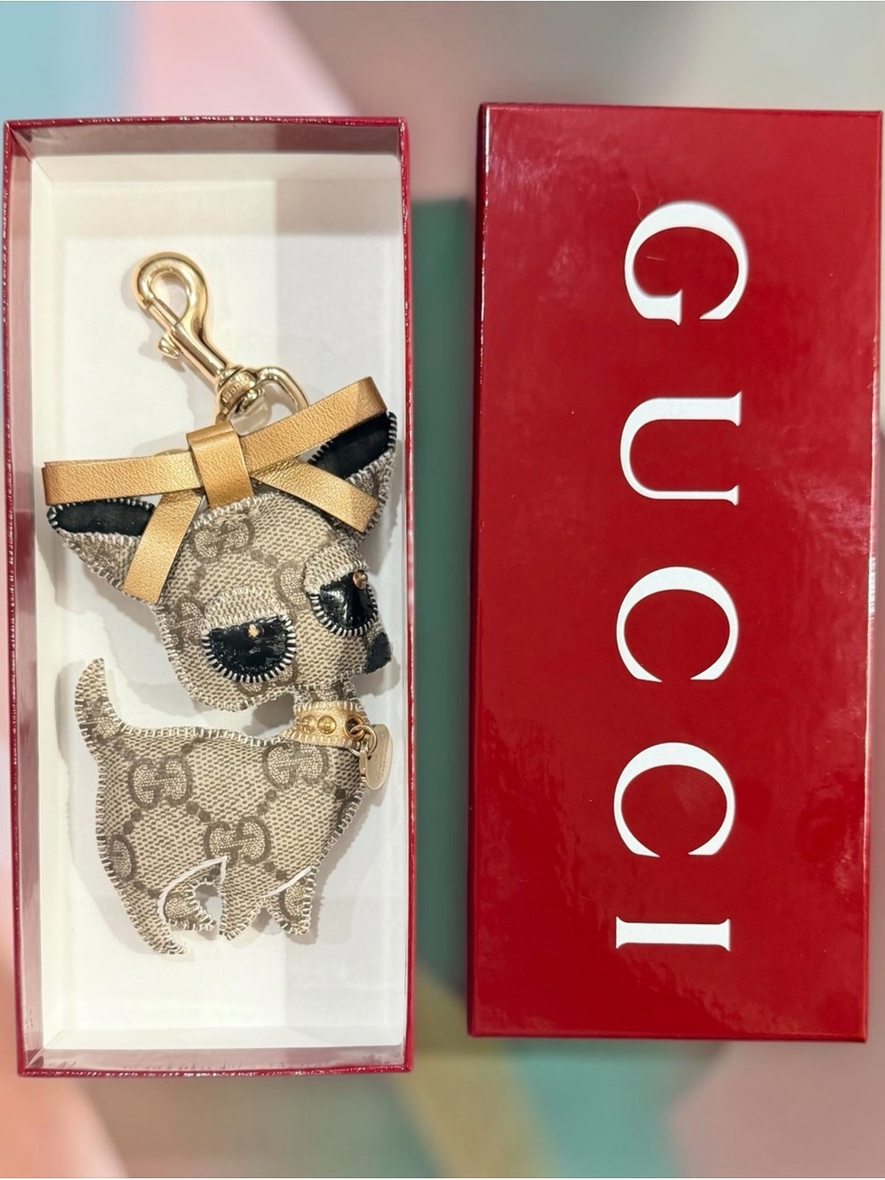 Gucci Guccioli Ulisse Great Dane GG Canvas Bag Charm Keychain w/ Box